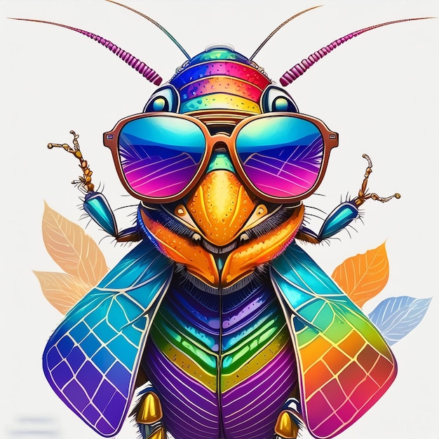 Foto un insetto colorato che indossa occhiali da sole con un'immagine colorata di un insetto che indossa occhiali da sole