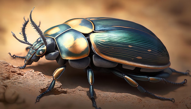 A colorful bug with a black and gold face sits on a rock.