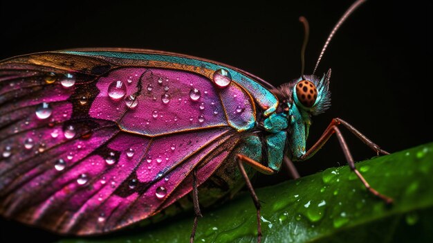 Foto un insetto colorato con sopra una foglia verde