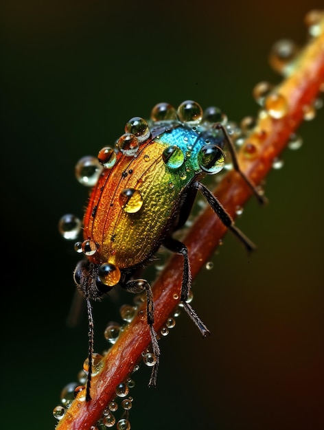 A colorful bug with the water drop