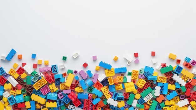 colorful building blocks scattered on a white background
