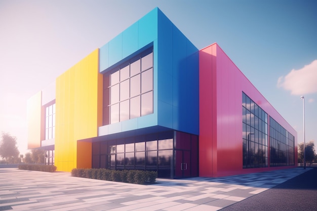 A colorful building with a blue sky in the background