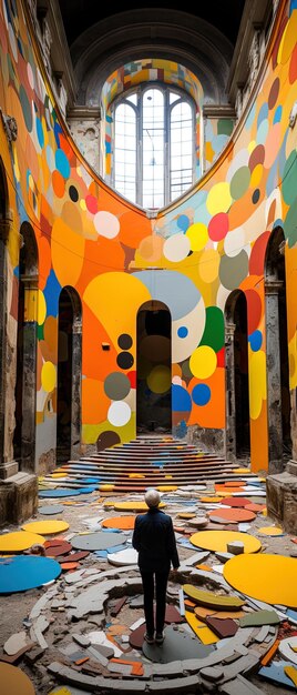 a colorful building with a colorful wall with a rainbow colored background