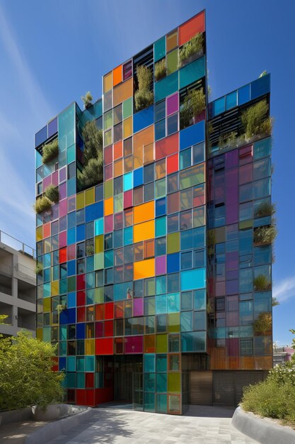 A colorful building with a lot of windows and a tree on the side.