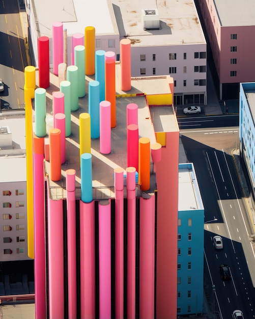 Colorful building with pink tubes on the rooftop