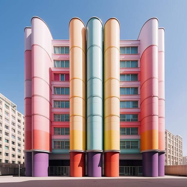 a colorful building with a rainbow colored building in the background.