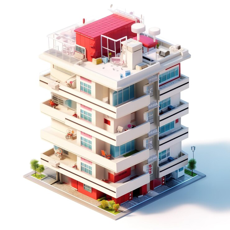 赤と青の扉と赤い扉のカラフルな建物。