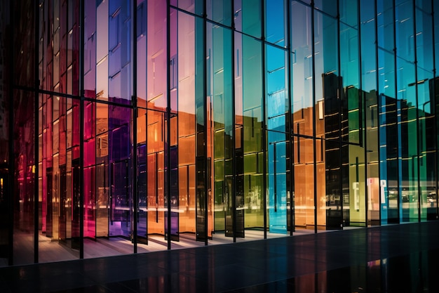 A colorful building with a reflection of the city of london in the windows.