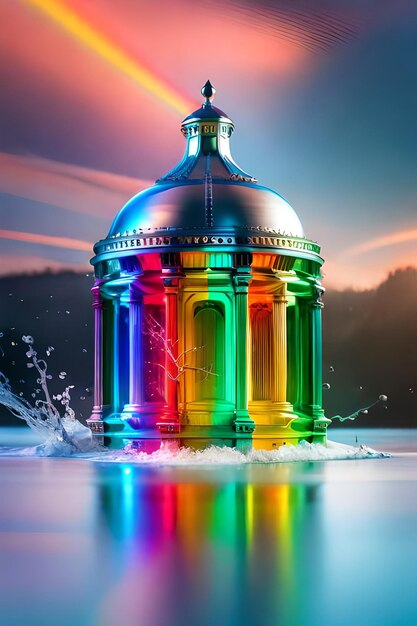 A colorful building with a water splash in the middle