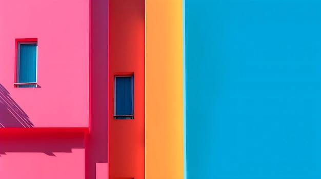 A colorful building with a window in the middle