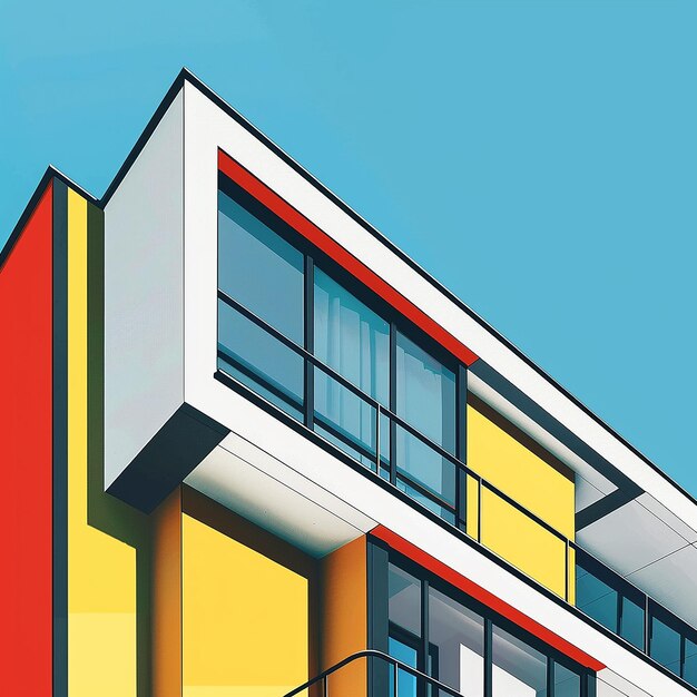 a colorful building with a yellow and red corner