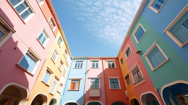 Colorful building wrap and blue sky yard Creative resource AI Generated