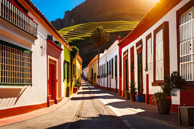 Photo colorful buildings on a narrow street in spanish town punto brava on a sunny day tenerife canary