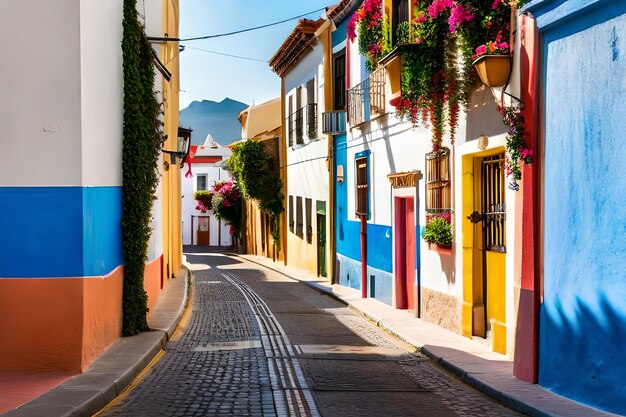 Colorful buildings on a narrow street in spanish town punto brava on a sunny day tenerife canary