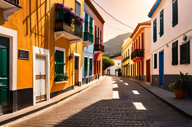 Colorful buildings on a narrow street in spanish town punto brava on a sunny day tenerife canary
