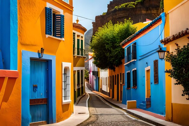 Colorful buildings on a narrow street in spanish town punto brava on a sunny day tenerife canary