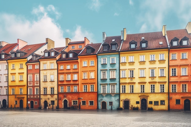 Colorful buildings in a row with the word prague on the bottom left.