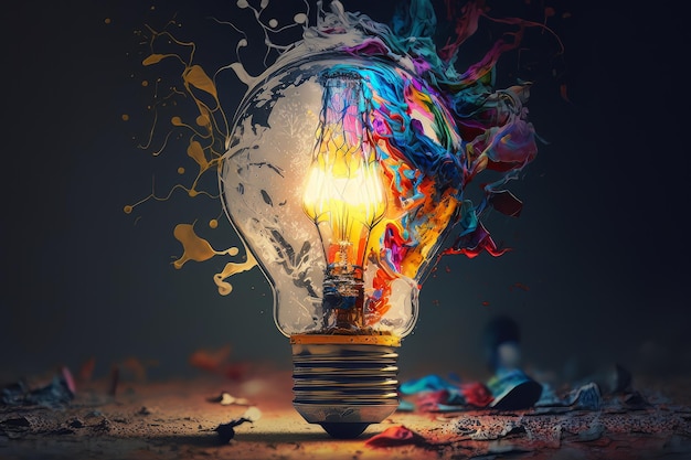 Colorful bulb lamp Light bulb explodes with colorful paint and splashes isolated