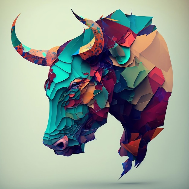 A colorful bull head is made up of triangles and triangles.