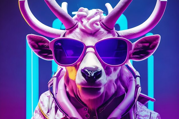 Photo colorful bull wearing sunglasses with realistic neon background