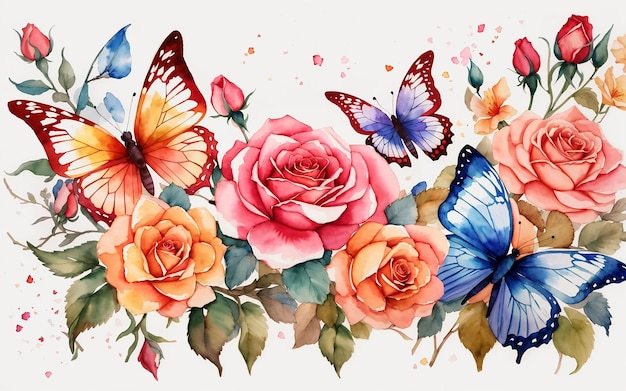 Colorful bunch of flower amp butterflies watercolor painting illustration on white background