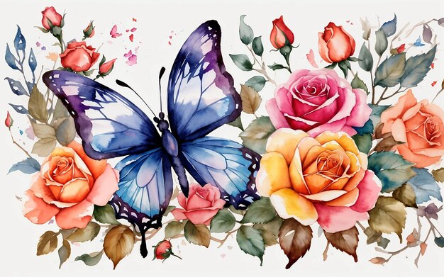 Colorful bunch of flower amp butterflies watercolor painting illustration on white background