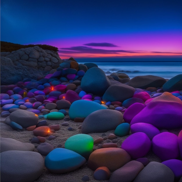 COLORFUL bunch of rocks sitting on top of a beach IN MIDNIGHT