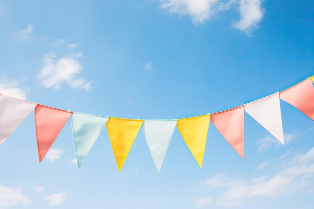 Colorful bunting flags on blue sky background Generative AI