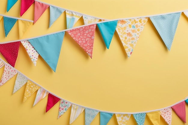 Colorful bunting hanging on a yellow background