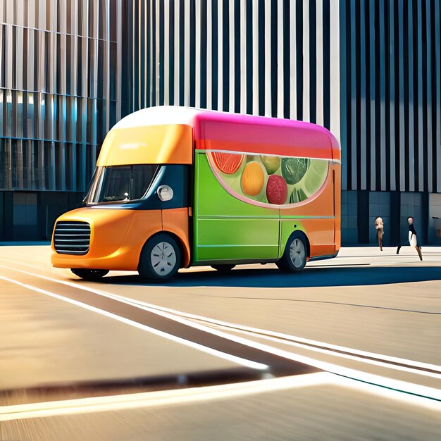 По улице едет красочный автобус с фруктами на переднем плане.