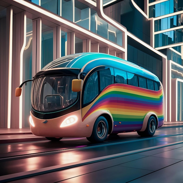 a colorful bus with a rainbow stripe on the side