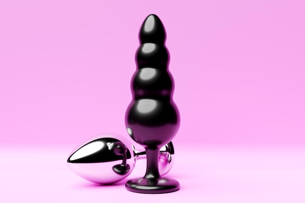 Colorful butt anal plugs sex toys on pink isolated background 3D illustration Empty space for your text