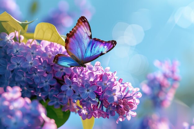 사진 파란 하늘 아래 의 다채로운 나비 들 과 보라색 라일락 꽃