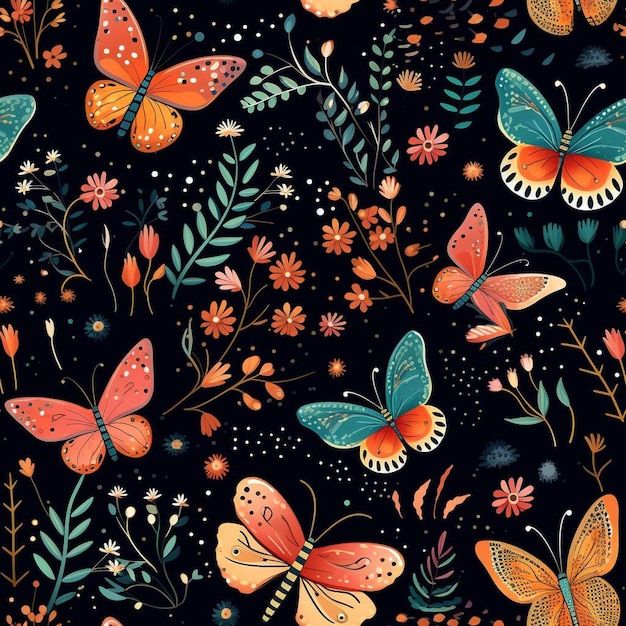 Colorful butterflies on a black background.