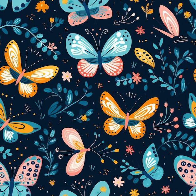 Colorful butterflies in blue and pink colors on a dark background.