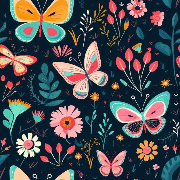 Colorful butterflies and flowers on a dark background.