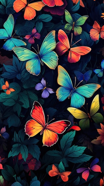 Colorful butterflies fluttering around a flower garden wallpaper for the phone