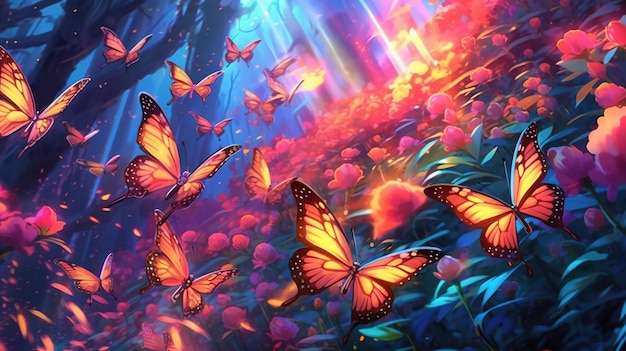 神秘的な庭園を飛び回る色とりどりの蝶 ファンタジーコンセプト イラスト絵画