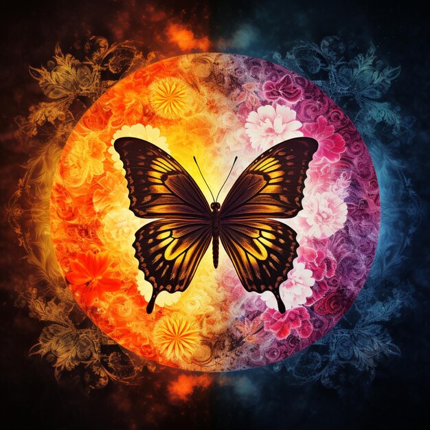 Colorful butterflies yin yang sun light background