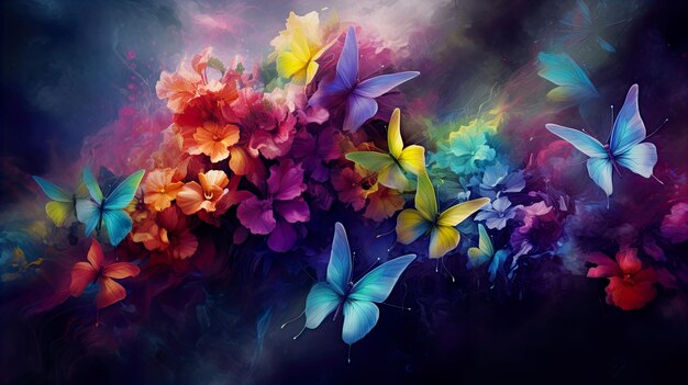 Photo colorful butterfly background with flower petals and colorful smoke on it generate ai