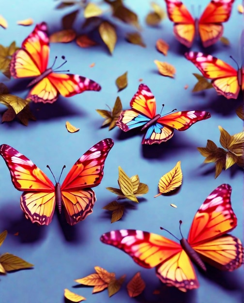 色とりどりの蝶が飛ぶ 葉のパターンが飛ぶ蝶