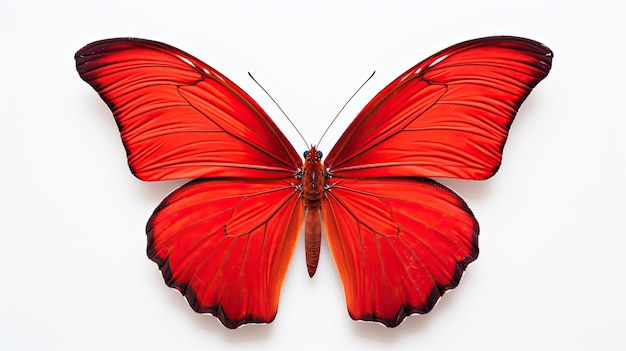 A Colorful Butterfly in Flight Against a Crisp White Background