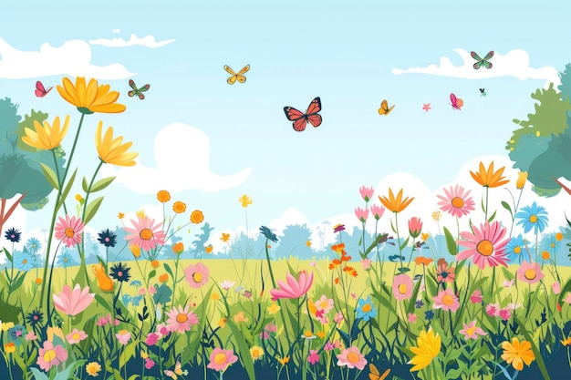 Photo colorful butterfly and flower field under a blue sky