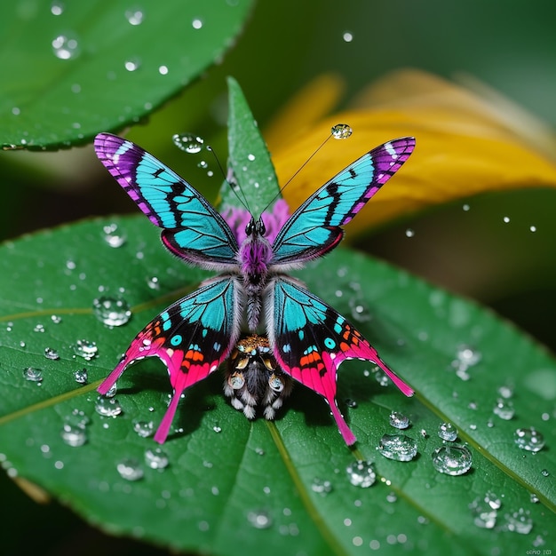 colorful butterfly nestled within a vibrant green leaf with rain drops