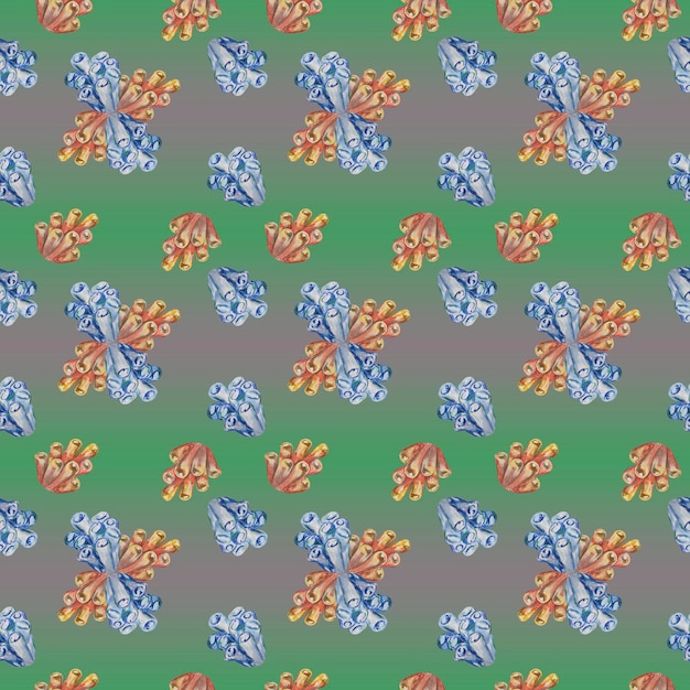 A colorful butterfly pattern that is on a green background