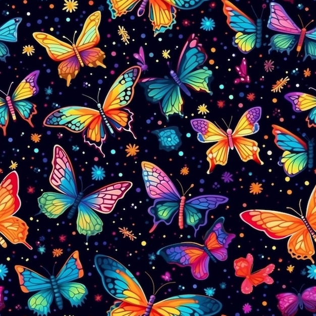 A colorful butterfly pattern with many different colors on a black background generative ai