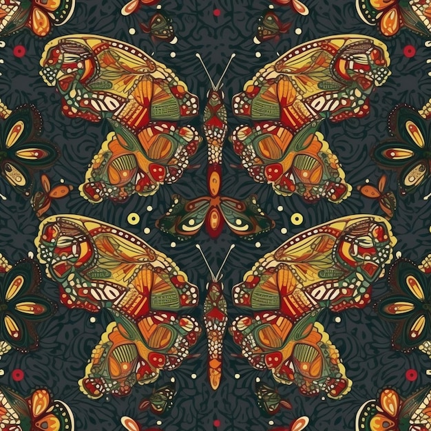 a colorful butterfly pattern with ornate details on a dark background generative ai