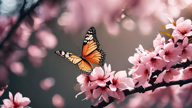 Colorful butterfly on pink sakura flowers