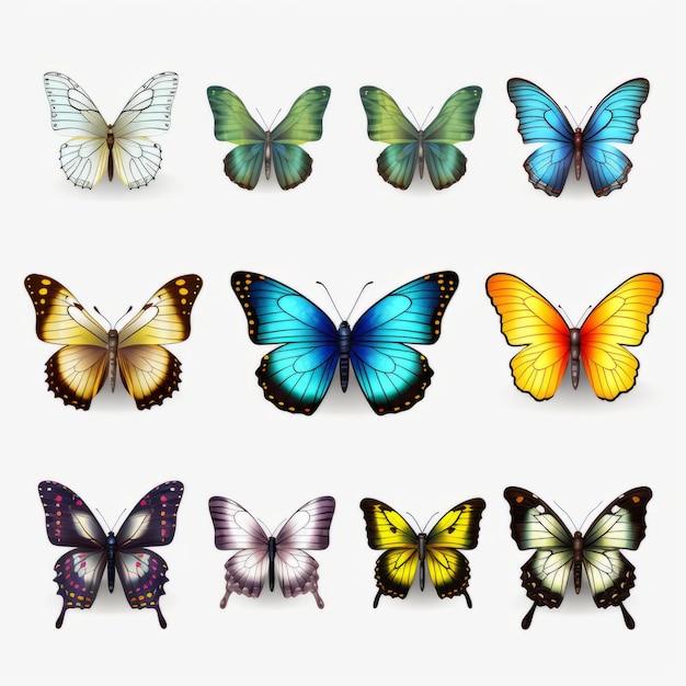 Colorful Butterfly Set Illustration With Realistic Portrayal Of Light And Shadow