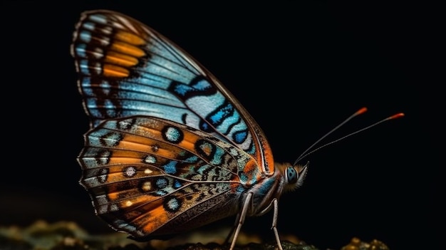 A colorful butterfly sits on a piece of wood